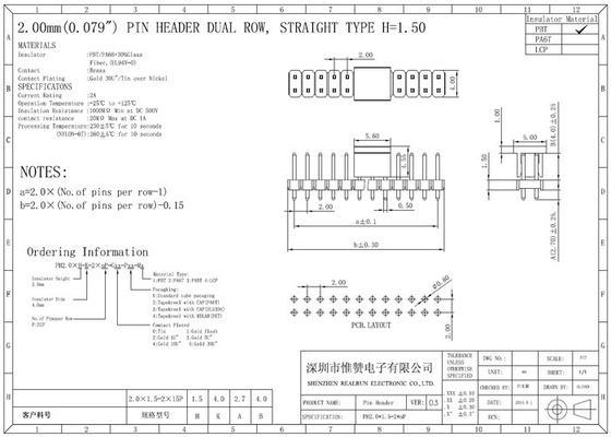 Strato doppio Pin Header Connector DC500V SMT orizzontale PA6T